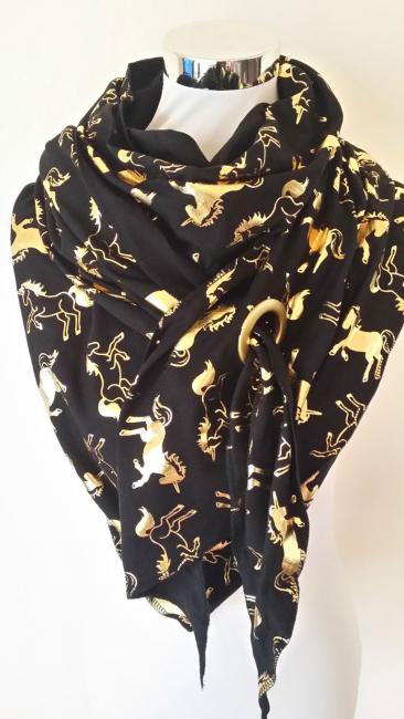 XXL-Schal aus Jersey in Schwarz mit goldfarbenen Einhörnern