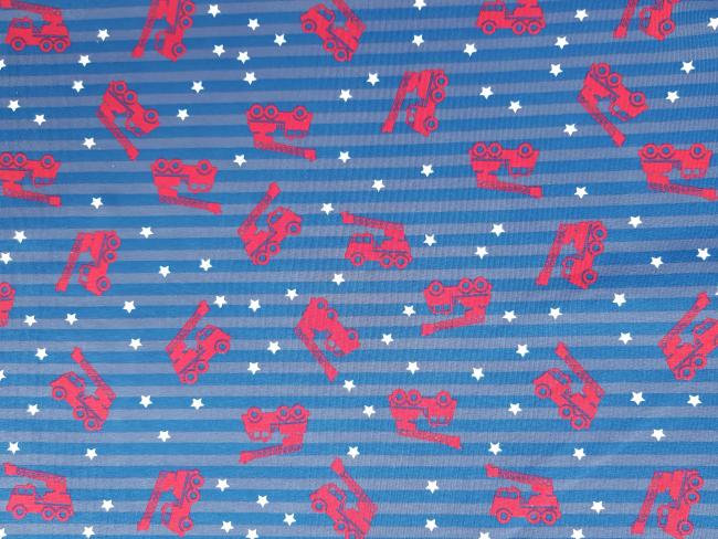 Baumwolljersey in Blau mit rotem Feuerwehr-Motiv, Stoff als Meterware
